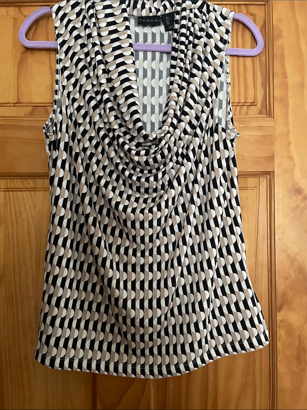 Tahari Black and Cream Draped Cowl Neck Geometric Print Sleeveless Top